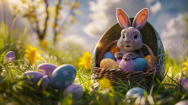Le lapin de Pâques dans un panier d'œufs colorés
