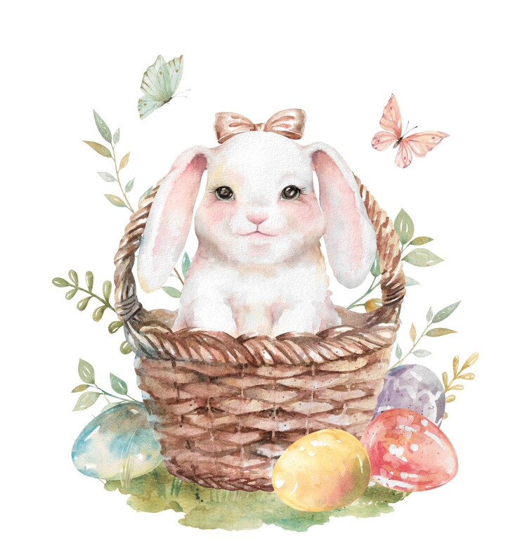 Lapin de Pâques dans un panier en osier, œuf peint sur gazon et papillons, illustration à l'aquarelle