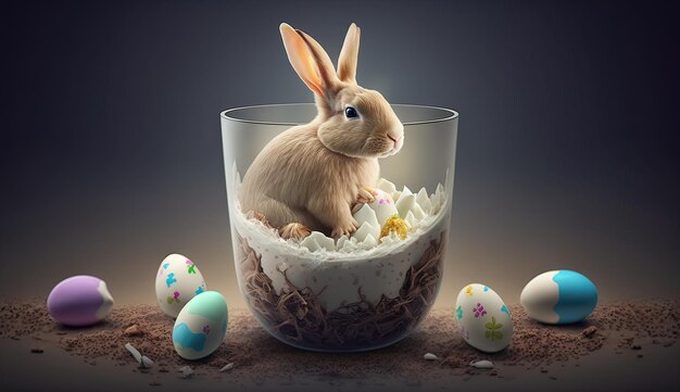 Lapin de Pâques dans un verre avec des oeufs sur la table