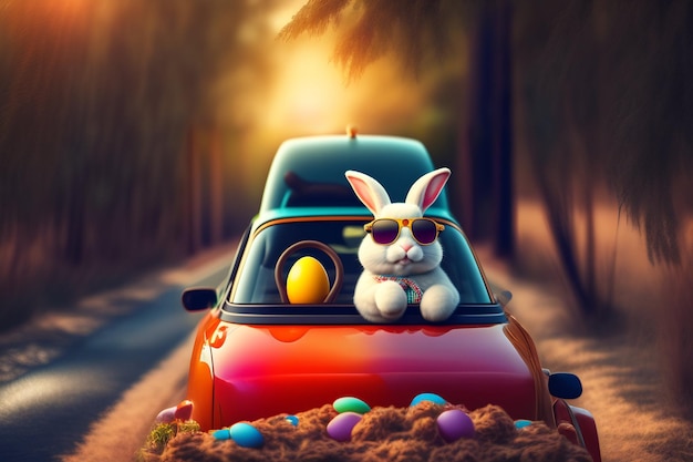 Lapin de Pâques dans une voiture avec des oeufs de Pâques