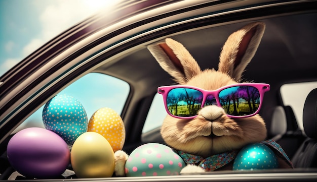 Lapin de Pâques dans une voiture avec un reflet du soleil sur la vitre