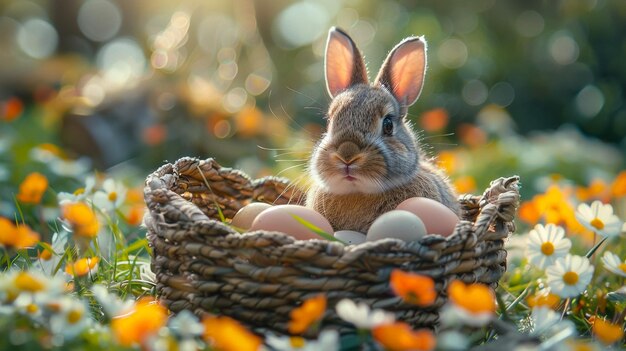 Le lapin de Pâques décorait des œufs et un mignon lapin dans une prairie ensoleillée de printemps avec des lumières abstraites défocalisées.