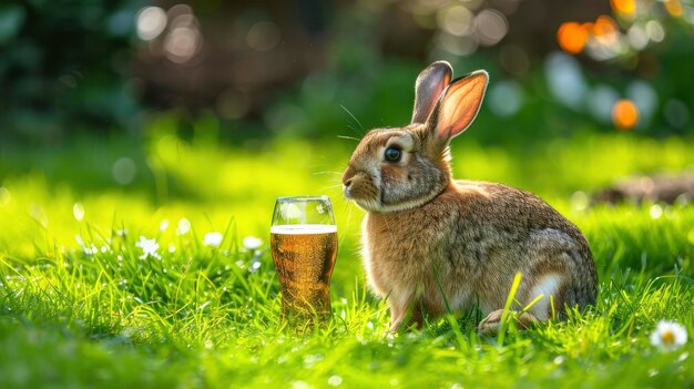 Le lapin de Pâques déguste une bière par une journée ensoleillée sur la pelouse verte.