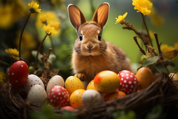 Un lapin de Pâques entouré d'œufs teintés vibrants