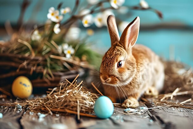 Le lapin de Pâques est assis avec des œufs sur le fond du printemps.