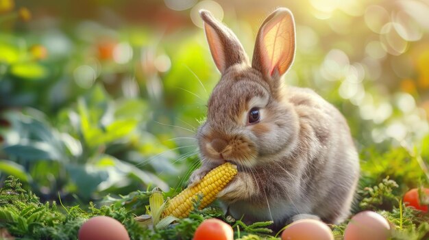 Le lapin de Pâques est un lapin moelleux qui mange de la nourriture, des légumes, des carottes, du maïs sur un jardin vert, de la nature en arrière-plan par une journée ensoleillée, un beau mammifère avec de beaux yeux brillants dans la vie naturelle, symbole du jour de la Pâque.