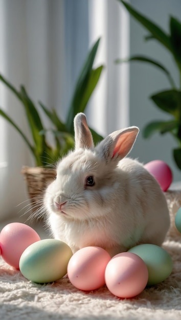 Le lapin de Pâques avec des fleurs et des œufs de Pâque dans les rayons du soleil de printemps générés par l'IA