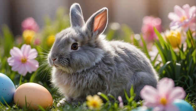 Le lapin de Pâques avec des fleurs et des œufs de Pâque sur l'herbe verte dans les rayons du soleil de printemps généré par l'IA
