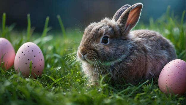 Le lapin de Pâques avec des fleurs et des œufs de Pâque sur l'herbe verte dans les rayons générés par l'IA