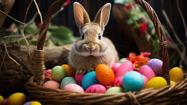 Un lapin de Pâques en gros plan sur un panier avec de nombreux œufs de Pâque colorés dans la nature en arrière-plan généré par l'IA