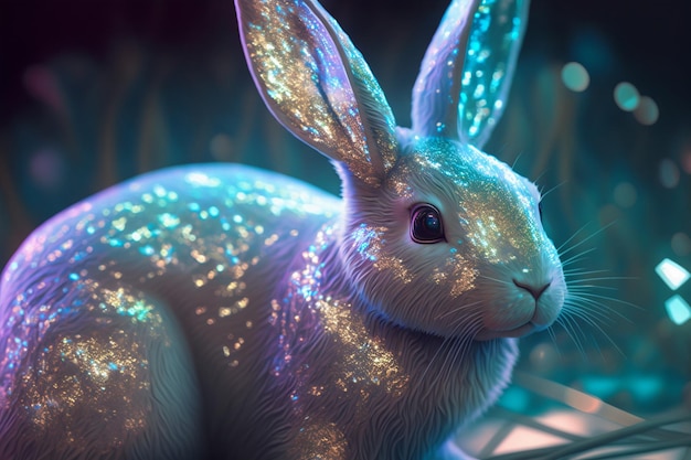 Lapin de Pâques holographique avec paillettes Lapin irisé Joyeuses Pâques Design tendance AI générative