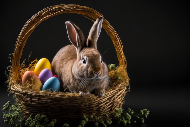 Lapin de Pâques à l'intérieur du panier de célébration de Pâques avec des bonbons et des biscuits aux œufs colorés