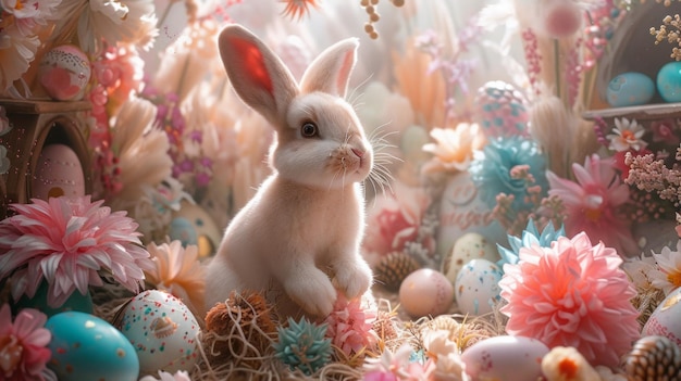 Le lapin de Pâques livre des friandises au milieu des décorations festives