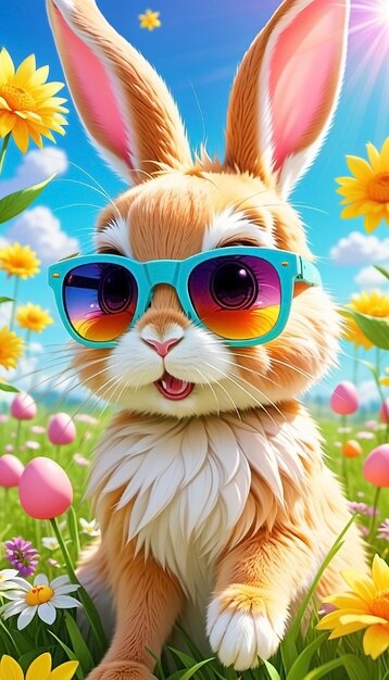Le lapin de Pâques avec des lunettes de soleil, des fleurs et des œufs colorés.