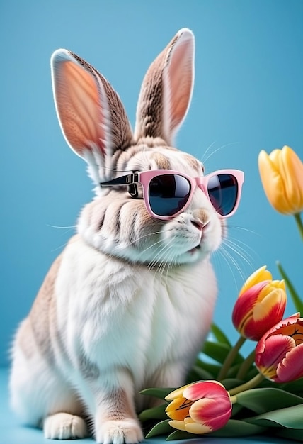 Le lapin de Pâques avec des lunettes de soleil, des fleurs et des œufs colorés.