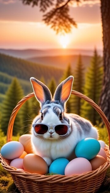 Le lapin de Pâques avec des lunettes de soleil, des fleurs et des œufs colorés.