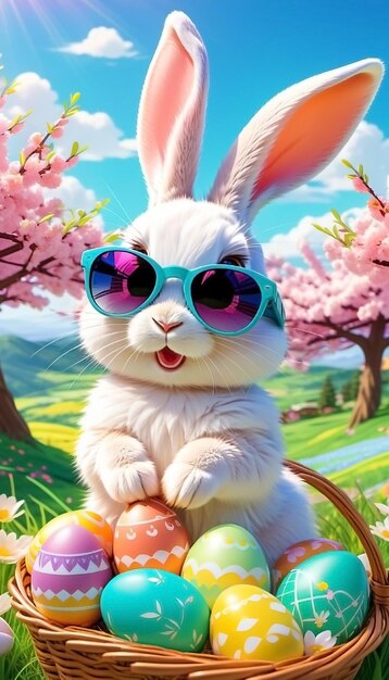 Le lapin de Pâques avec des lunettes de soleil, des fleurs et des œufs colorés.