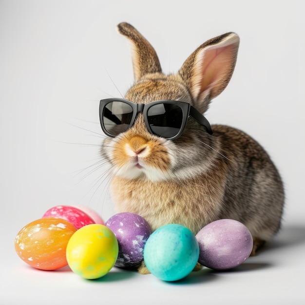 Le lapin de Pâques avec des lunettes de soleil et des œufs colorés