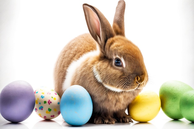 Lapin de Pâques mignon brun clair et oeufs colorés isolés sur fond blanc