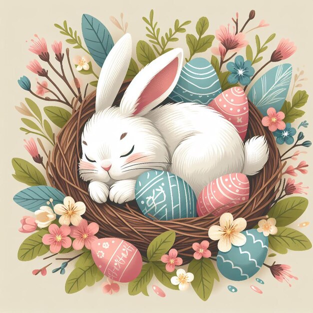 Le lapin de Pâques niché dans un nid confortable entouré d'œufs de couleurs pastel et de délicates fleurs de printemps