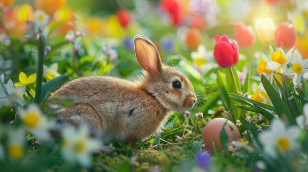 Le lapin de Pâques avec un œuf au pays des merveilles AI générative