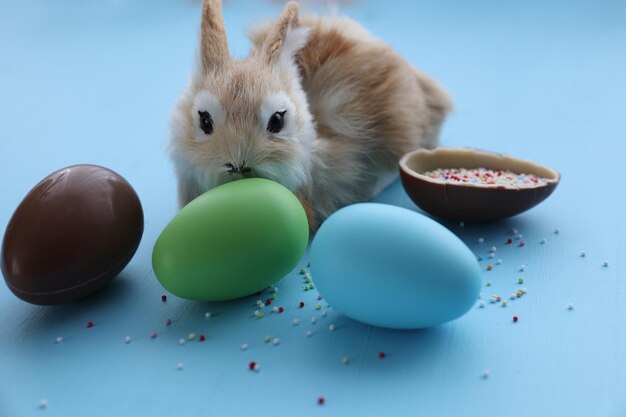 Lapin de Pâques avec oeuf en chocolat Belle carte de voeux de Pâques le concept minimal de Pâques