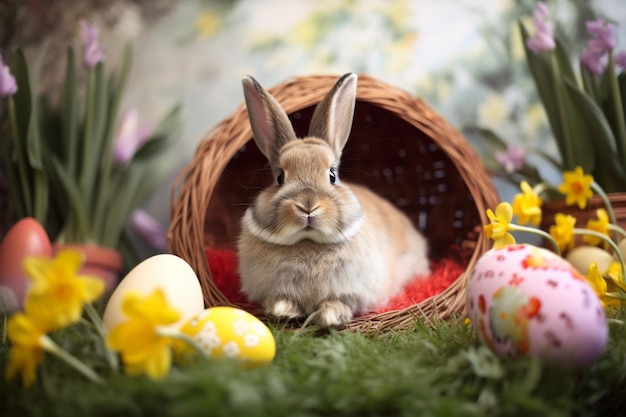 Lapin de Pâques et oeufs sur champ d'herbe verte Prairie de printemps