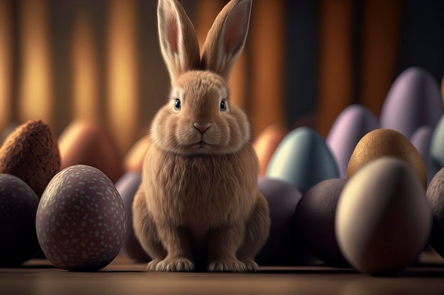 Lapin de Pâques avec des oeufs colorés et des confettis sur fond coloré