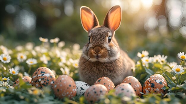 Le lapin de Pâques avec des œufs colorés dans l'herbe de prairie en fleur