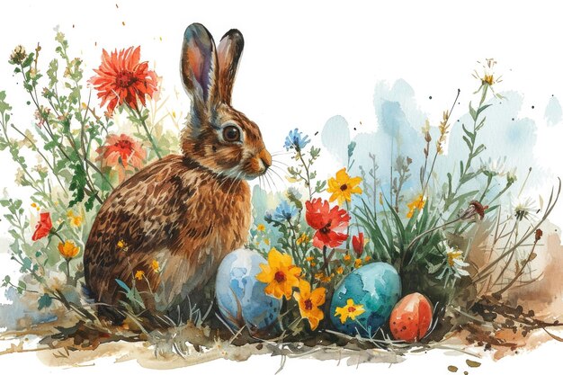 Photo le lapin de pâques avec des œufs colorés et des fleurs de printemps illustration à l'aquarelle