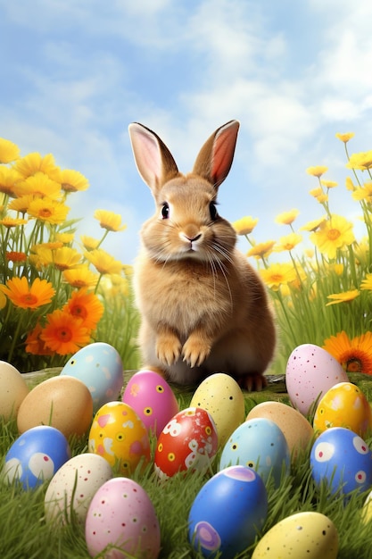 Le lapin de Pâques et les œufs colorés sur l'herbe verte avec des fleurs en arrière-plan