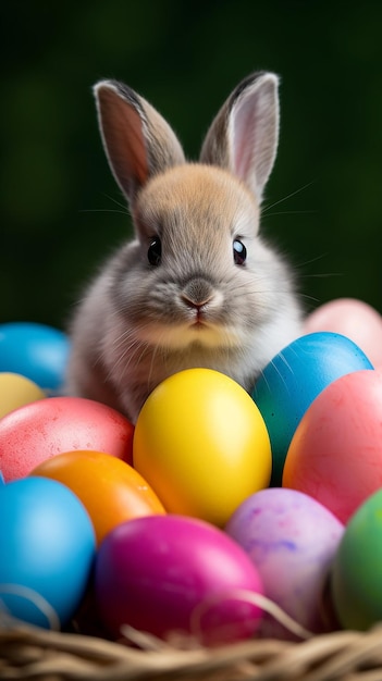 Photo le lapin de pâques avec des œufs colorés