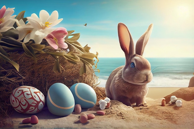 Un lapin de Pâques avec des œufs de couleur sur la plage de sable près de l'océan