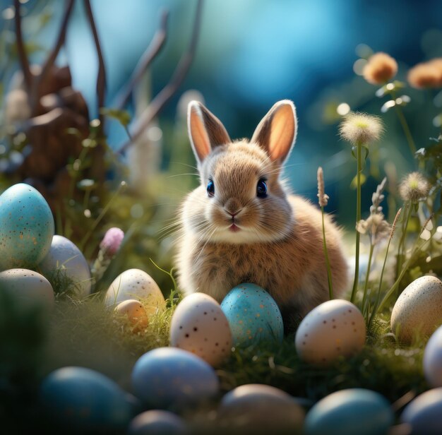 Le lapin de Pâques et les œufs dans l'herbe