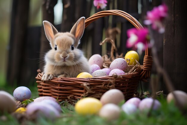 Le lapin de Pâques avec des œufs dans le jardin