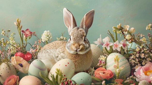 Le lapin de Pâques avec des œufs décoratifs et des fleurs de printemps