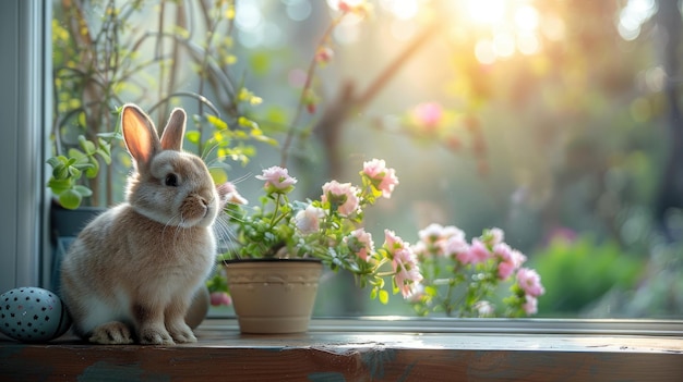 Le lapin de Pâques avec des œufs décorés et des fleurs de printemps