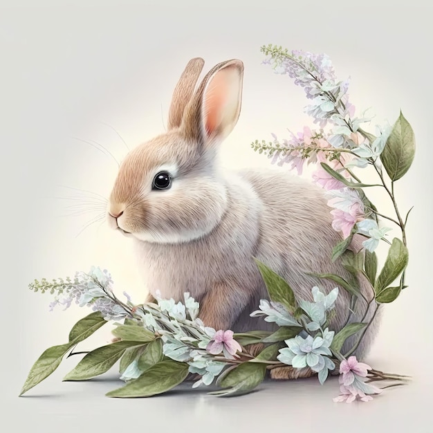 Lapin de Pâques avec des oeufs et des fleurs Generative AI