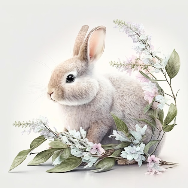 Lapin de Pâques avec des oeufs et des fleurs Generative AI