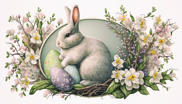 Un lapin de Pâques avec des œufs et des fleurs