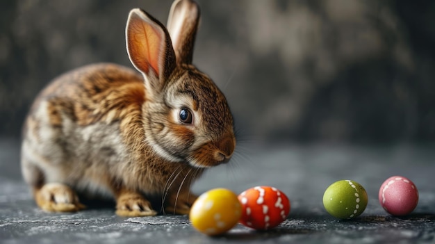Le lapin de Pâques avec des œufs sur un fond gris