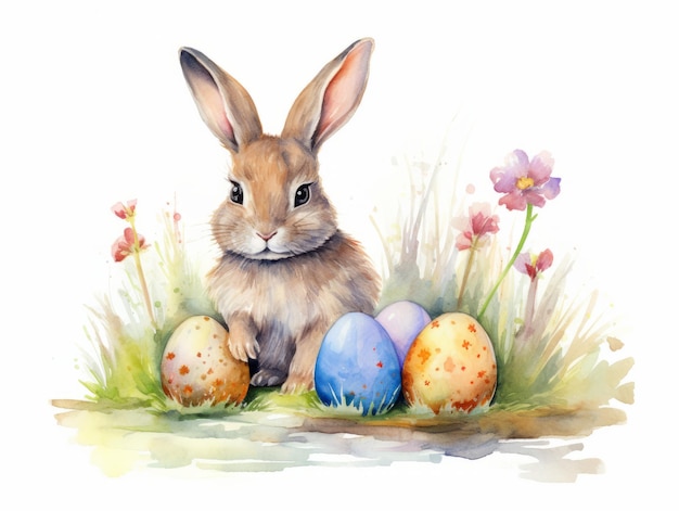 Lapin de Pâques avec des œufs Illustration à l'aquarelle isolée sur fond blanc IA générative