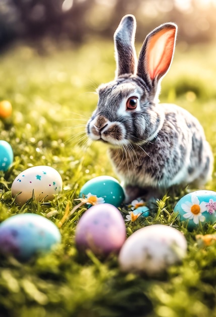 Le lapin de Pâques et les œufs de Pâque sur le champ d'herbe verte du pré de printemps