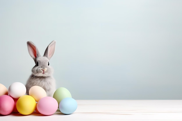 Le lapin de Pâques avec des œufs de Pâque colorés en arrière-plan