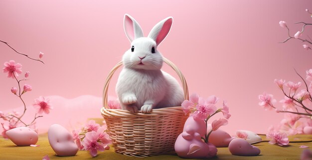 Un lapin de Pâques et des œufs de Pâque dans un panier sur fond rose