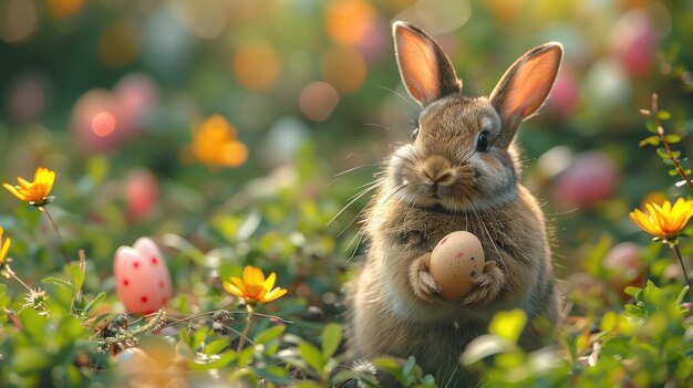 Le lapin de Pâques avec des œufs de Pâque dans la prairie avec des fleurs