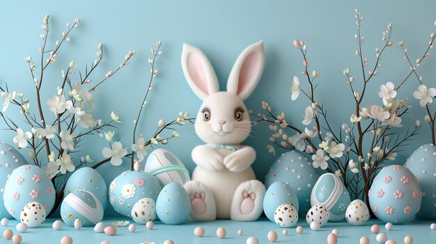 Photo le lapin de pâques avec des œufs de pâque et du saule sur un fond simple pastel