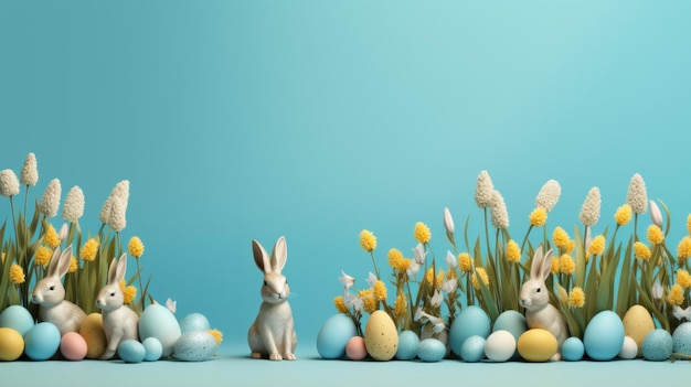 Le lapin de Pâques et les œufs de Pâque sur fond bleu