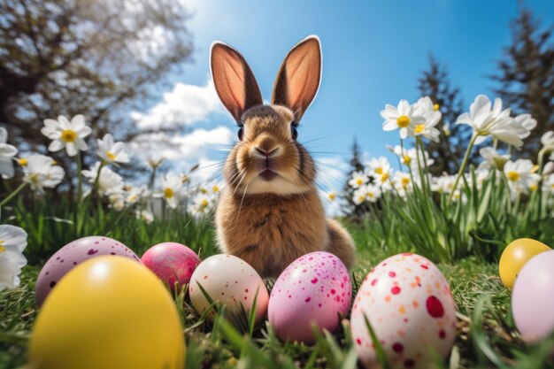 Le lapin de Pâques et les œufs de Pâque sur l'herbe verte