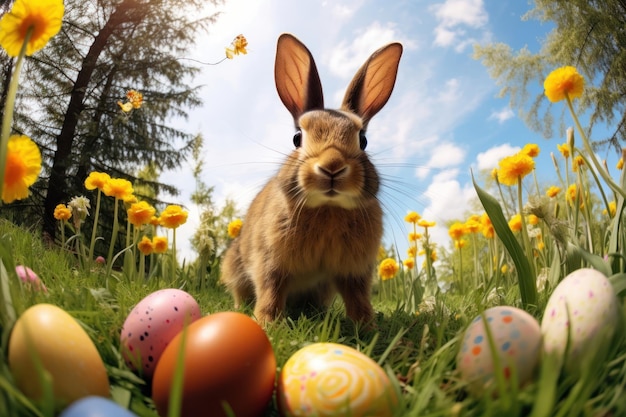 Le lapin de Pâques et les œufs de Pâque sur l'herbe verte